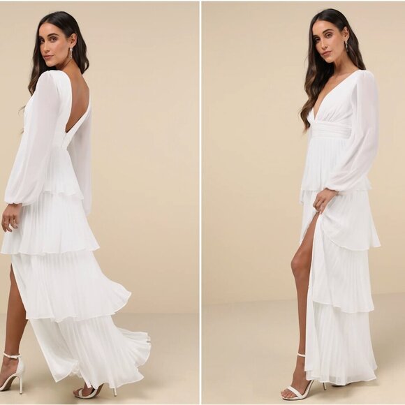 LULU's Sexy Elegant Bridal Wedding Romantic Flowy Boho Chiffon Long Sleeve Dress - Picture 3 of 4